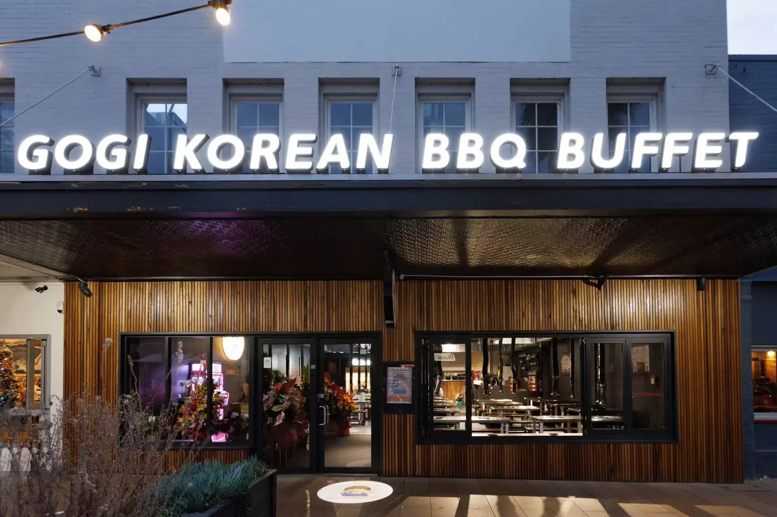 GOGI Korean BBQ Buffet storefront at dusk on Moorabool Street